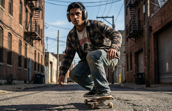 Skateboarder wearing CTRL8 P9 Bluetooth headphones for HD sound in an urban alleyway