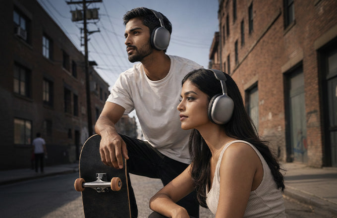 Young adults using CTRL8 P9 Bluetooth headphones while skateboarding in an urban setting