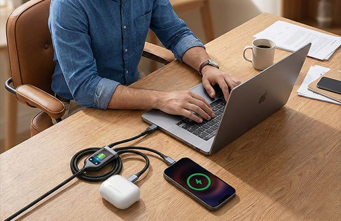 Professional using CTRL8 3-in-1 fast charging cable to power a laptop, smartphone, and earbuds in an office setup