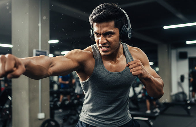 Fitness enthusiast using CTRL8 dual-mode wireless headphones with mic during a workout session