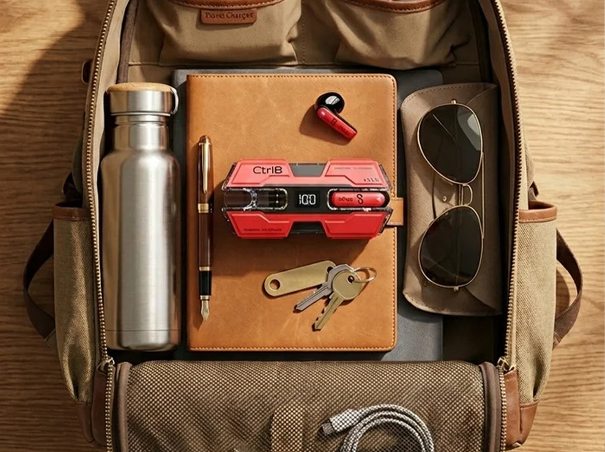 CTRL8 K8 true wireless earbuds in red displayed inside a backpack with keys, notebook, sunglasses, and water bottle