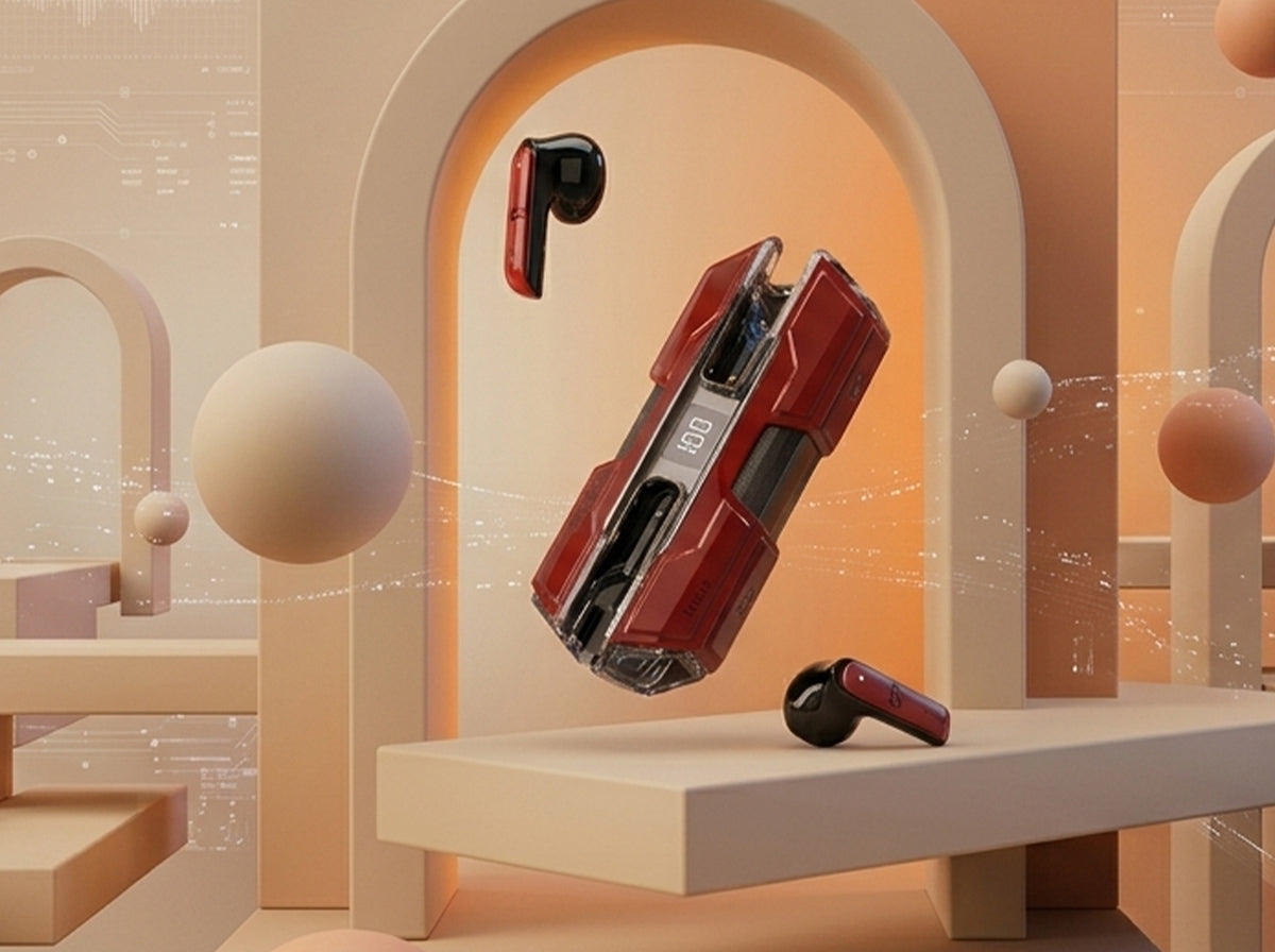 CTRL8 K8 true wireless earbuds in red featuring energy storage case with digital display in a futuristic setup