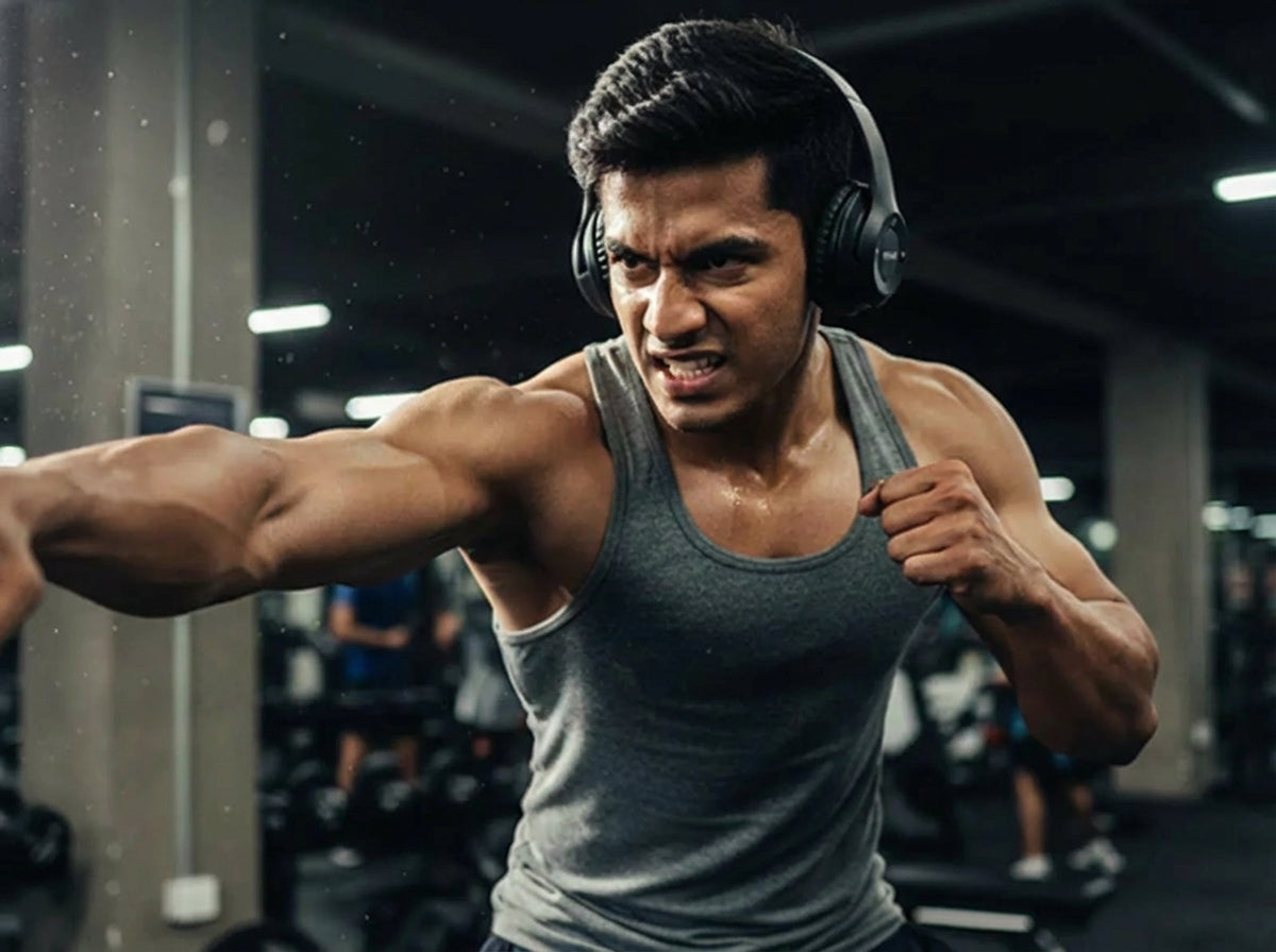 Fitness enthusiast wearing CTRL8 P47 dual mode headphones with mic during a workout session