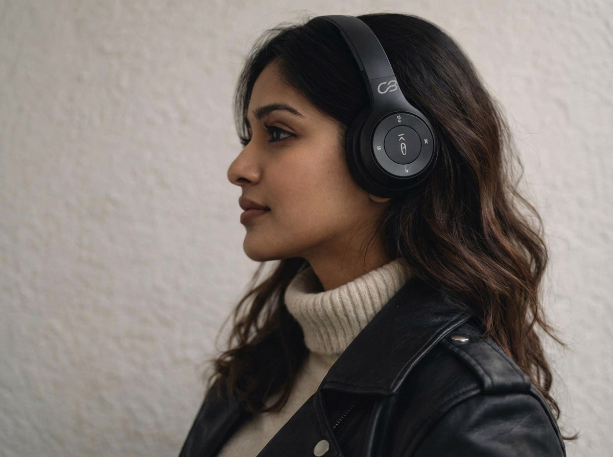 User wearing CTRL8 P47 dual mode headphones with mic for casual listening