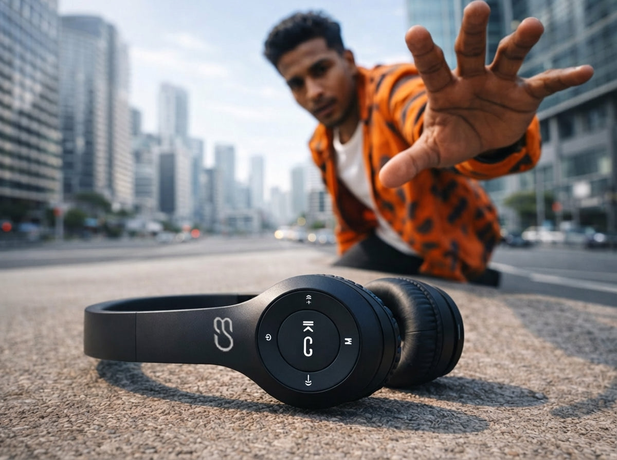 Urban enthusiast reaching out near CTRL8 P47 dual mode headphones with mic on a city street