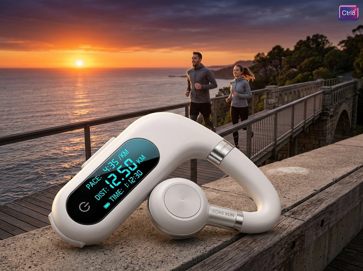 Joggers using CTRL8 Smart Display Wireless Earbud BM with fitness tracking and sleek white design