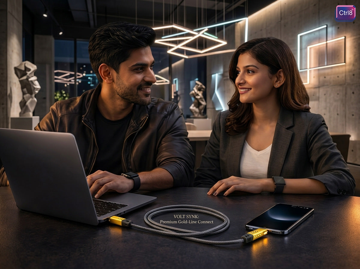Two professionals using CTRL8 4-in-1 fast charging cable with Type C ports to charge devices in a modern workspace