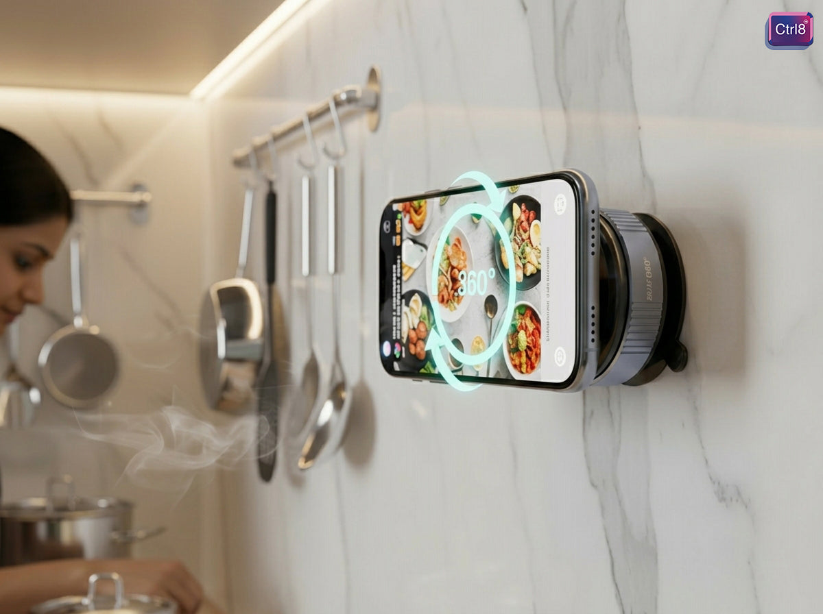 CTRL8 360 Magnetic Mobile Phone Holder used in a kitchen for hands-free recipe viewing on a wall