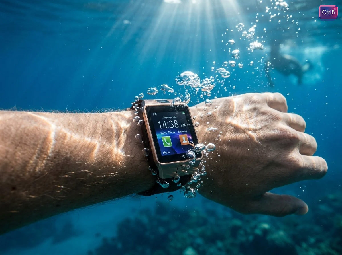User wearing CTRL8 smartwatch with SIM and memory card slot while swimming underwater