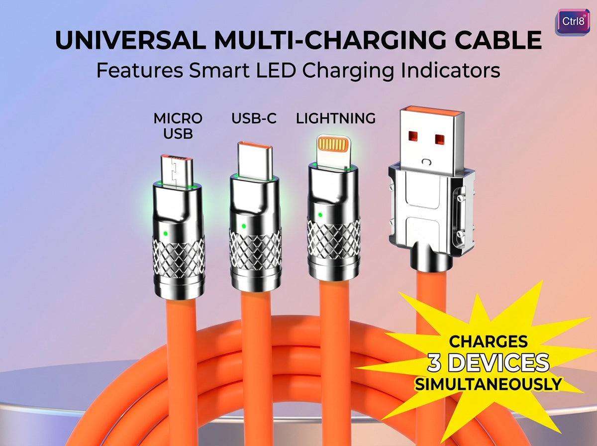 CTRL8 universal multi-charging cable featuring smart LED indicators and support for Micro USB, USB-C, and Lightning connectors.