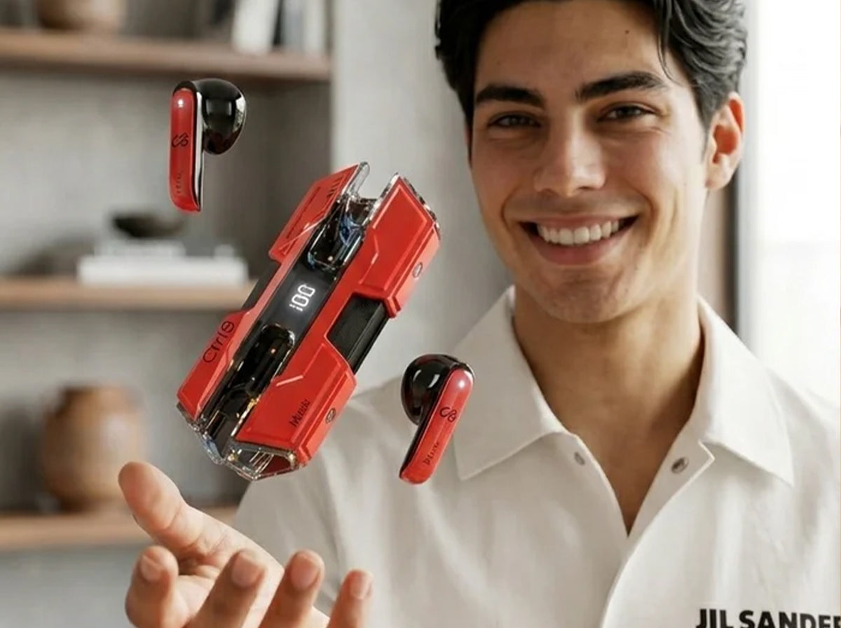 User showcasing CTRL8 K8 true wireless earbuds with energy storage case and digital display in red