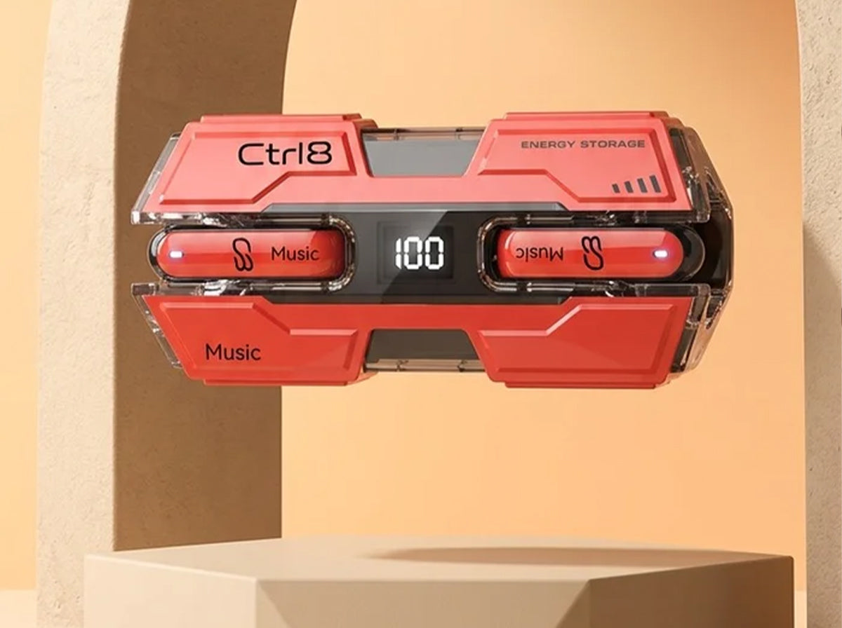 CTRL8 K8 true wireless earbuds with energy storage case and digital display in red